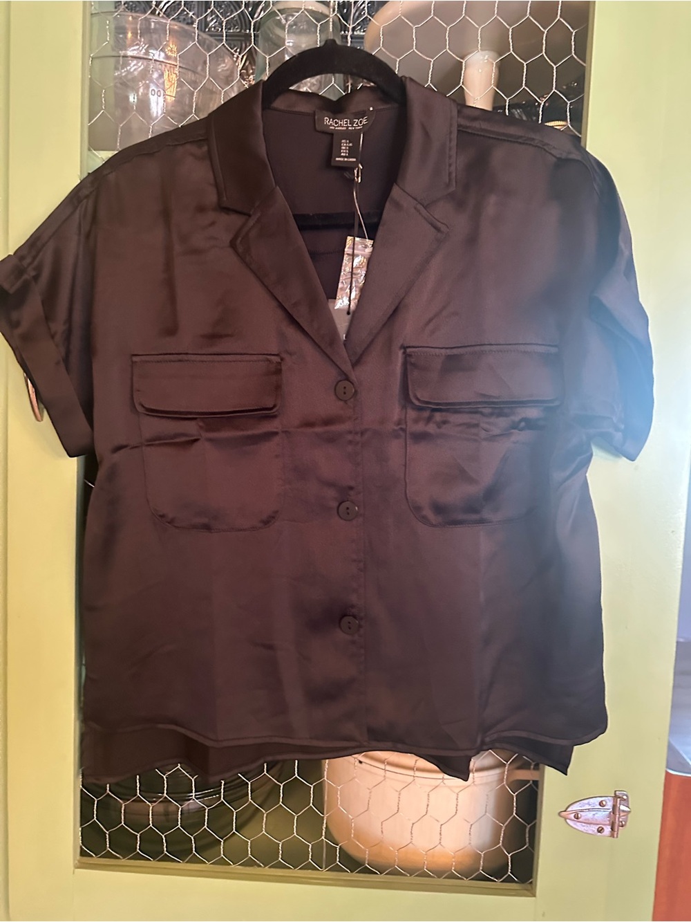 Rachel Zoe Black Satin Short Sleeve Button-Down Blouse